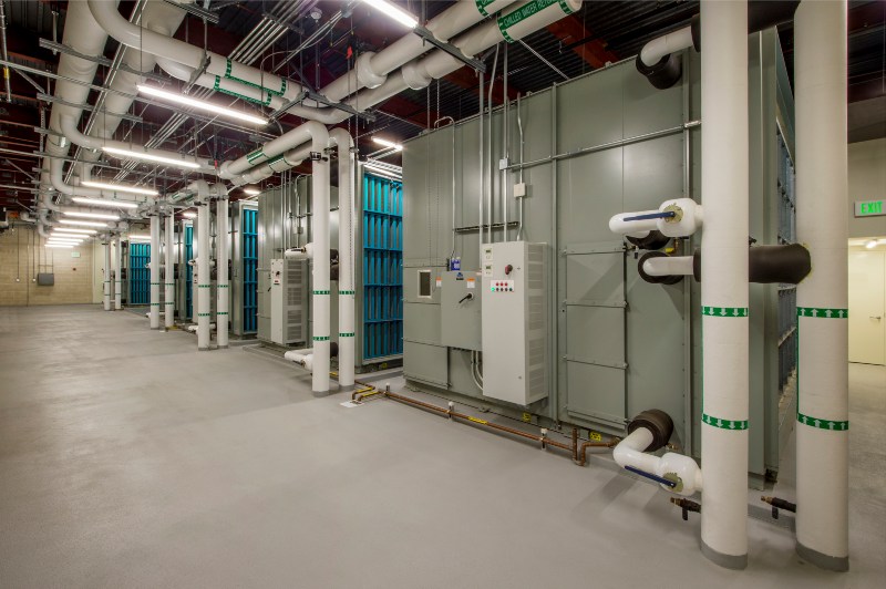 A large row of air handlers for the HVAC system in a data center in DuPage County, IL