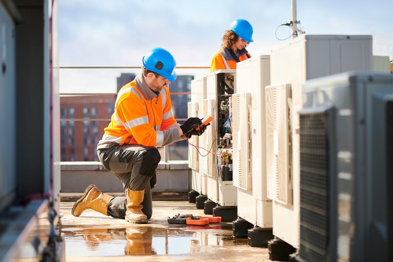 Two men are servicing a large HVAC unit on an industrial rooftop in DuPage County, IL
